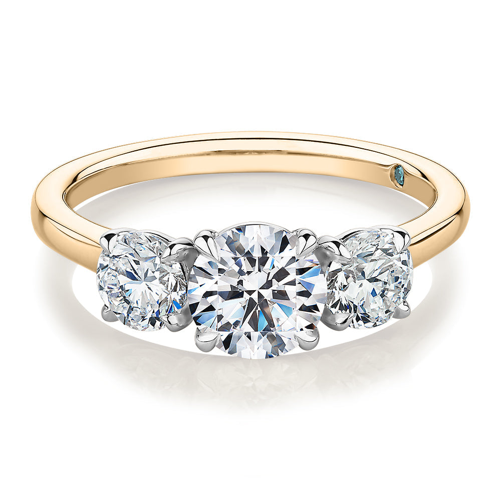 Premium Certified Laboratory Created Diamond, 1.86 carat TW round brilliant three stone ring in 18 carat yellow and white gold