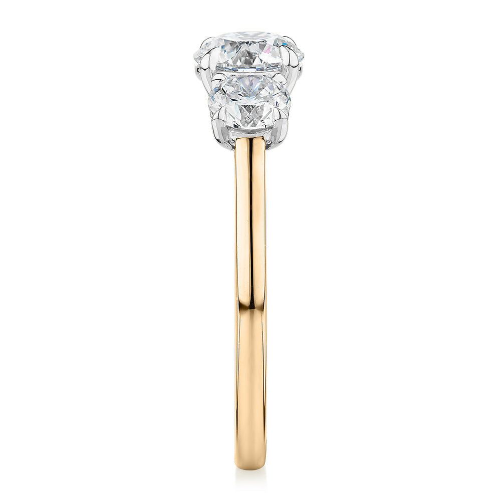 Premium Certified Laboratory Created Diamond, 1.86 carat TW round brilliant three stone ring in 18 carat yellow and white gold