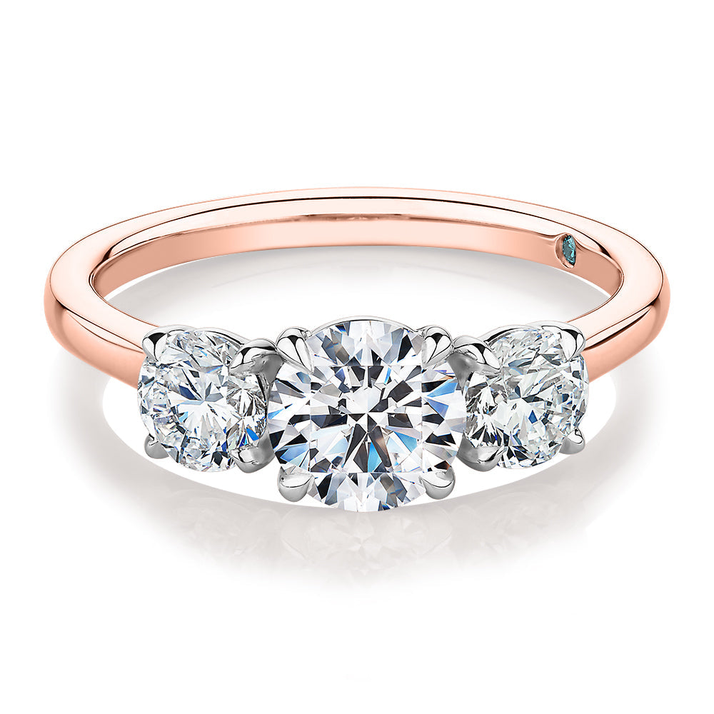 Premium Certified Laboratory Created Diamond, 1.86 carat TW round brilliant three stone ring in 18 carat rose and white gold