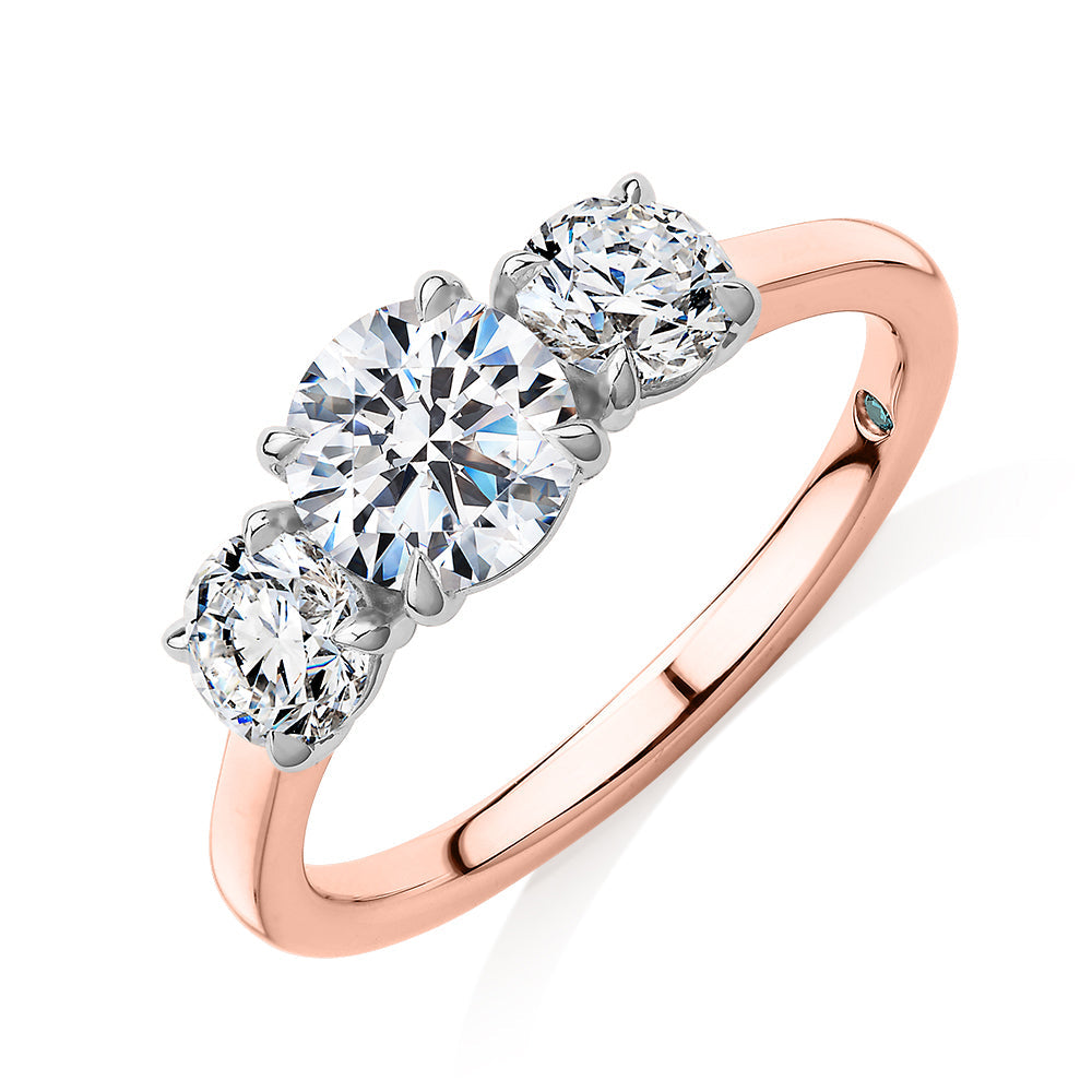 Premium Certified Laboratory Created Diamond, 1.86 carat TW round brilliant three stone ring in 18 carat rose and white gold