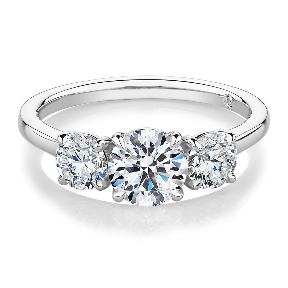 Signature Simulant Diamond 1.86 carat* TW round brilliant three stone ring in 14 carat white gold