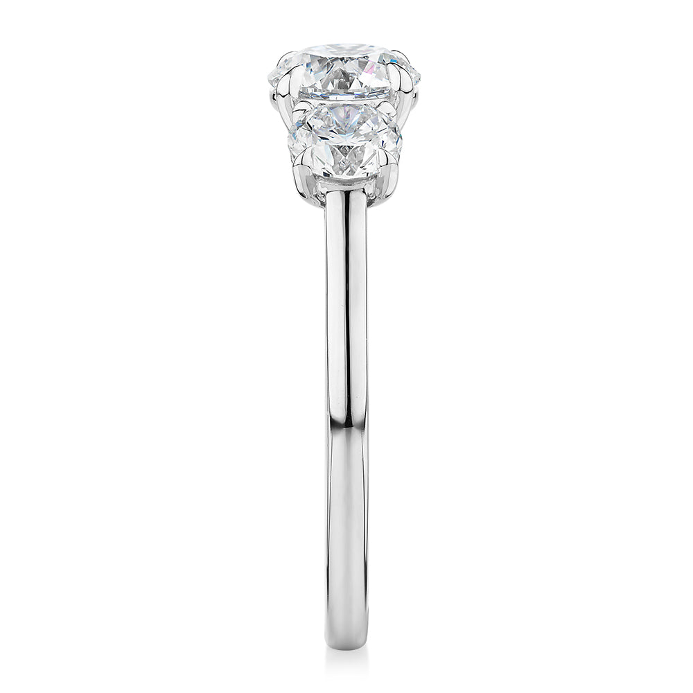 Signature Simulant Diamond 1.86 carat* TW round brilliant three stone ring in 14 carat white gold