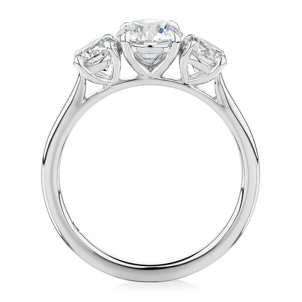 Signature Simulant Diamond 1.86 carat* TW round brilliant three stone ring in 14 carat white gold