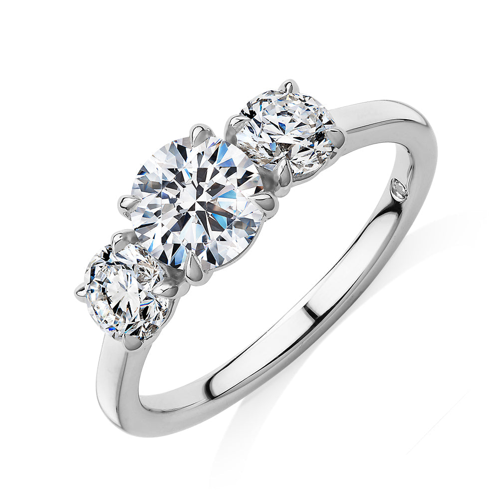 Signature Simulant Diamond 1.86 carat* TW round brilliant three stone ring in 14 carat white gold
