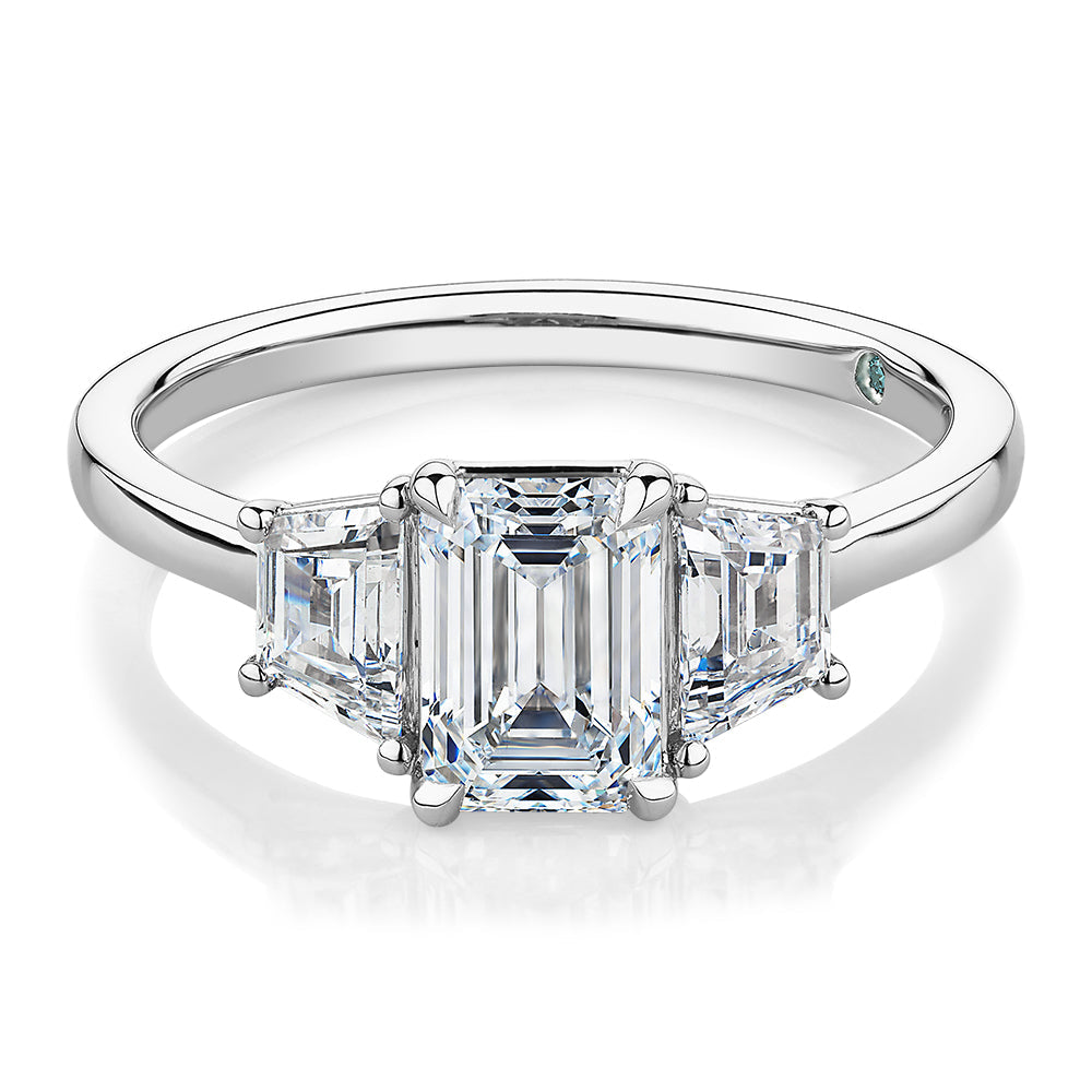 Premium Certified Lab-Grown Diamond, 1.87 carat TW emerald cut three stone ring in 18 carat white gold