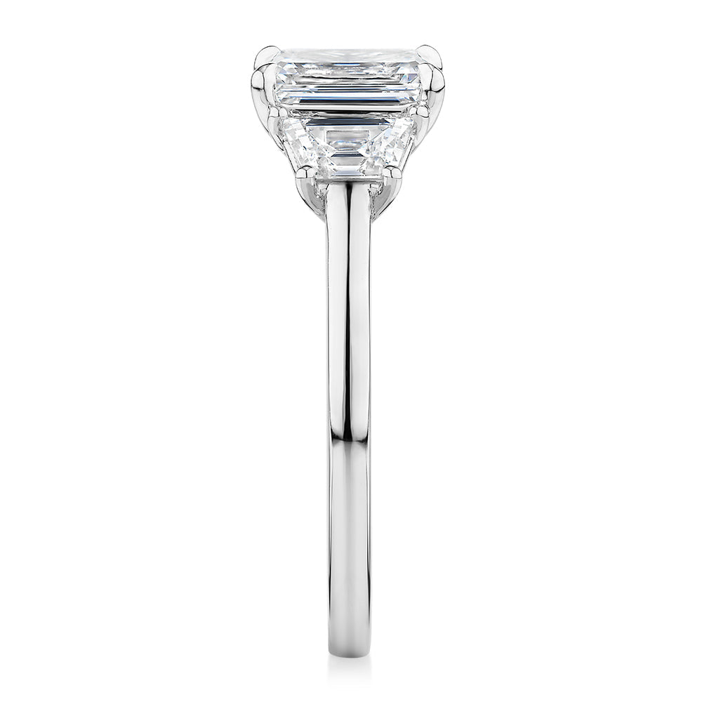 Premium Certified Lab-Grown Diamond, 1.87 carat TW emerald cut three stone ring in 18 carat white gold