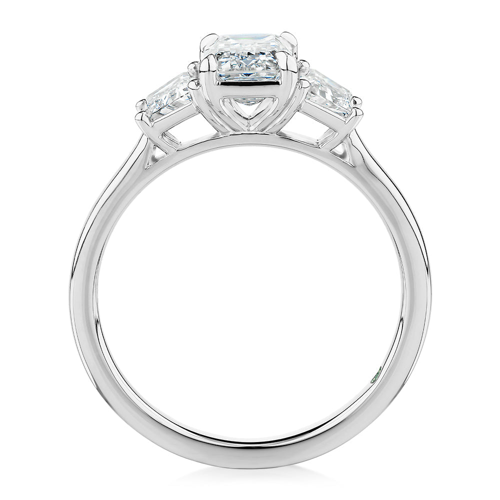 Premium Certified Lab-Grown Diamond, 1.87 carat TW emerald cut three stone ring in 14 carat white gold