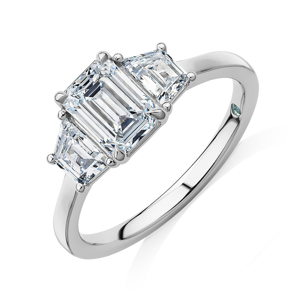 Premium Certified Lab-Grown Diamond, 1.87 carat TW emerald cut three stone ring in 14 carat white gold