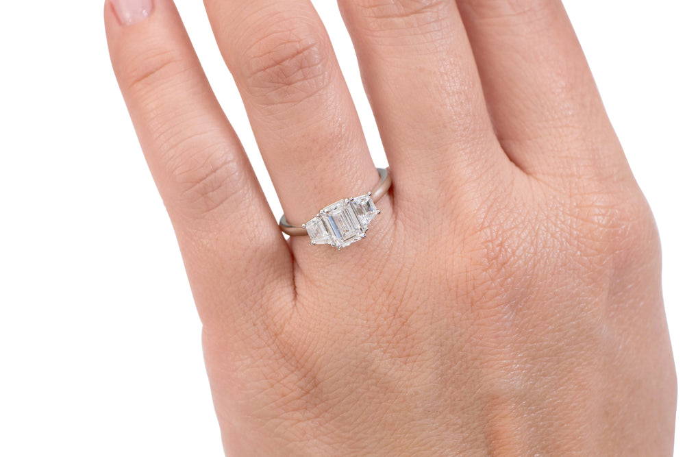 Premium Certified Lab-Grown Diamond, 1.87 carat TW emerald cut three stone ring in 14 carat white gold
