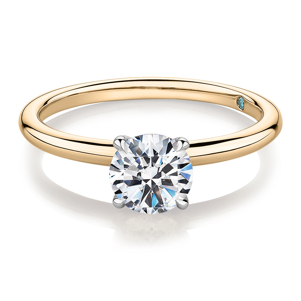 Premium Certified Laboratory Created Diamond, 1.00 carat round brilliant solitaire engagement ring in 18 carat yellow and white gold