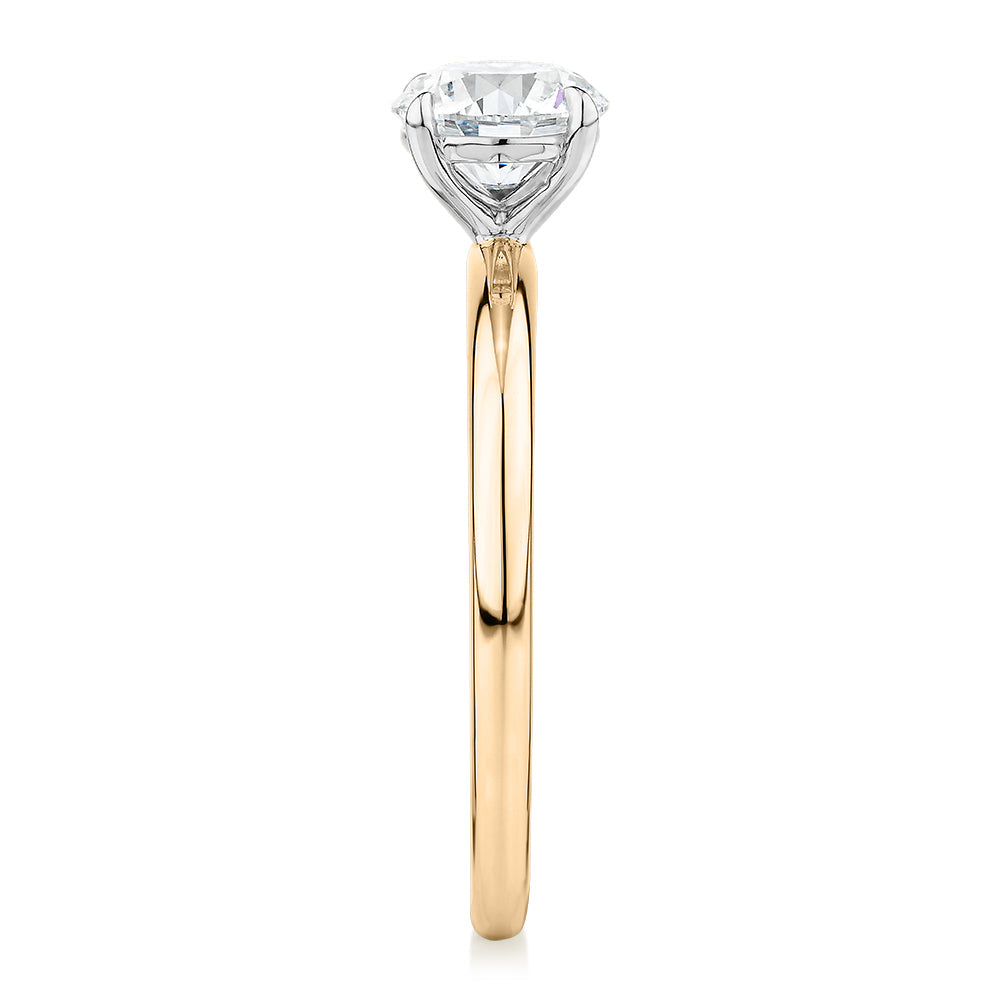 Premium Certified Laboratory Created Diamond, 1.00 carat round brilliant solitaire engagement ring in 14 carat yellow and white gold