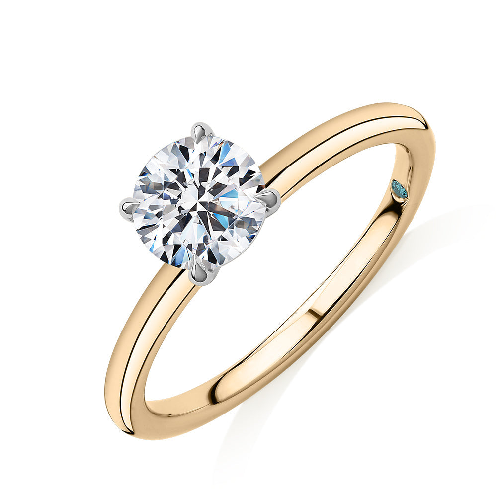 Premium Certified Laboratory Created Diamond, 1.00 carat round brilliant solitaire engagement ring in 14 carat yellow and white gold