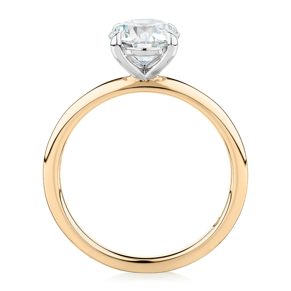 Premium Certified Laboratory Created Diamond, 1.50 carat round brilliant solitaire engagement ring in 18 carat yellow and white gold