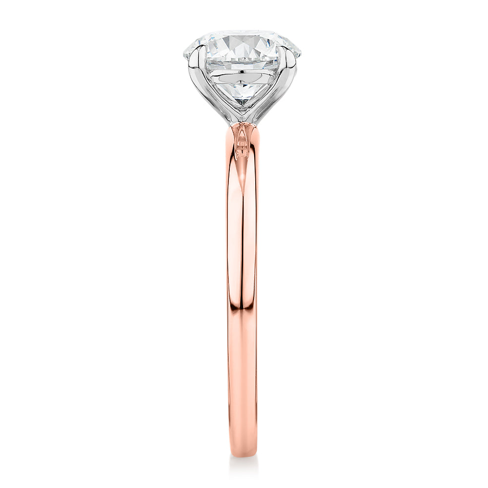 Premium Certified Laboratory Created Diamond, 1.50 carat round brilliant solitaire engagement ring in 18 carat rose and white gold