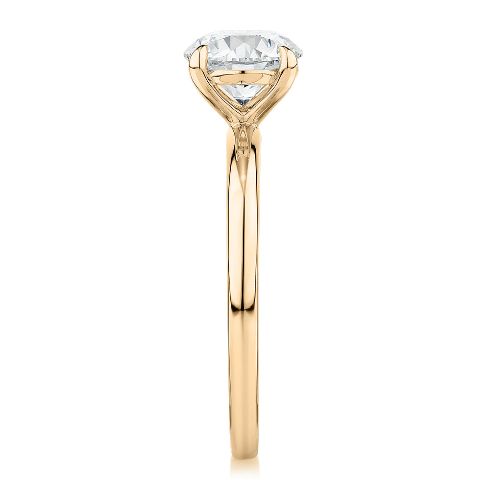 Premium Certified Laboratory Created Diamond, 1.50 carat round brilliant solitaire engagement ring in 18 carat yellow gold