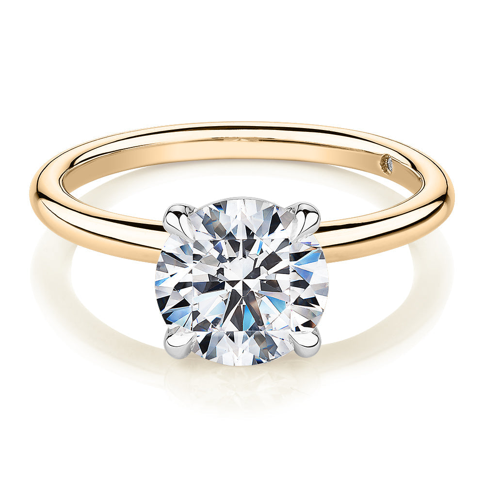 Signature Simulant Diamond 2.00 carat* round brilliant solitaire engagement ring in 10 carat yellow and white gold