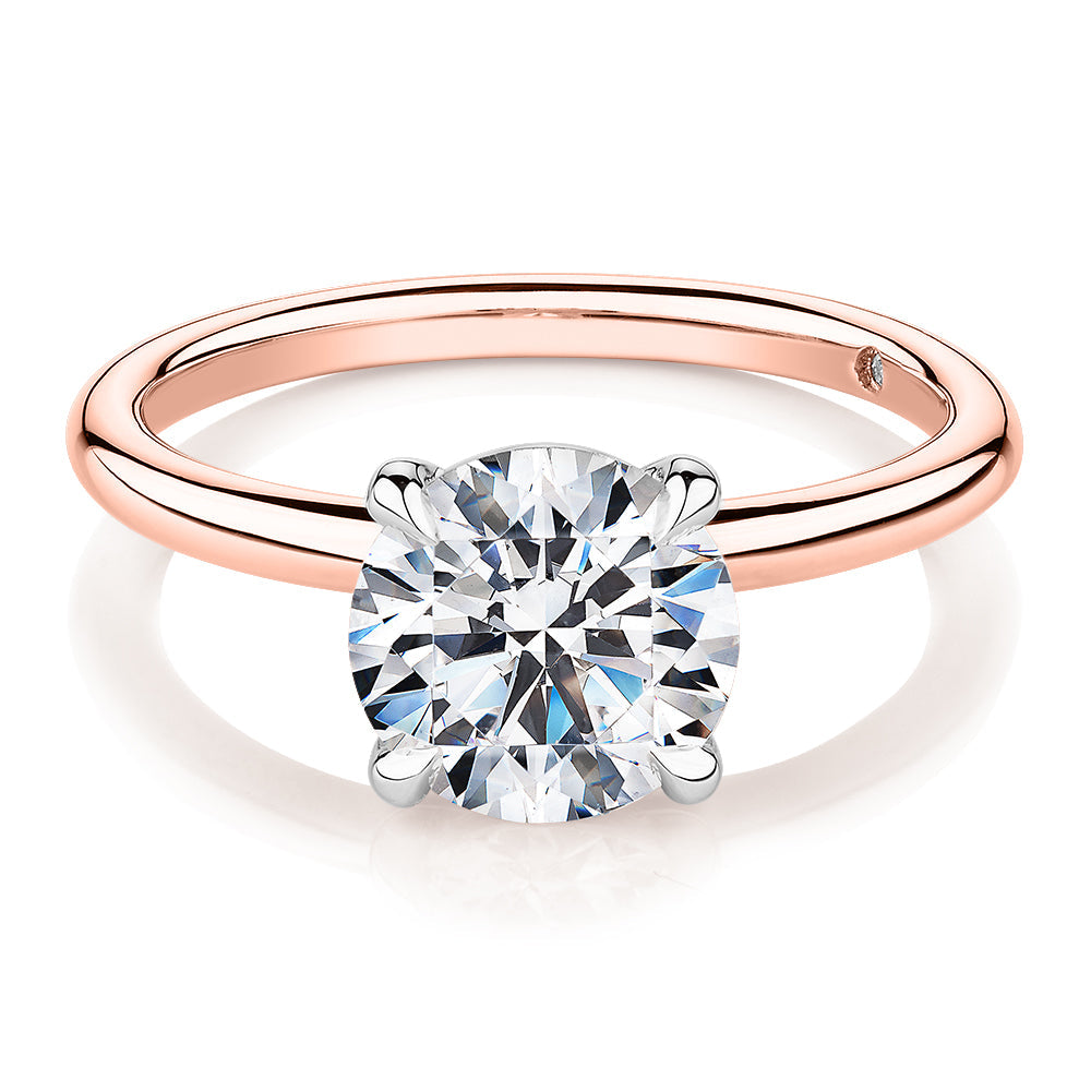 Signature Simulant Diamond 2.00 carat* round brilliant solitaire engagement ring in 10 carat rose and white gold
