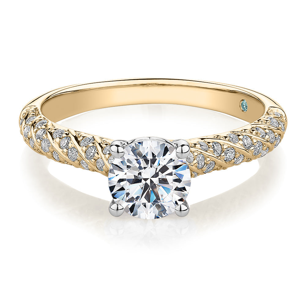 Premium Certified Lab-Grown Diamond, 1.27 carat TW round brilliant shouldered engagement ring in 14 carat yellow and white gold