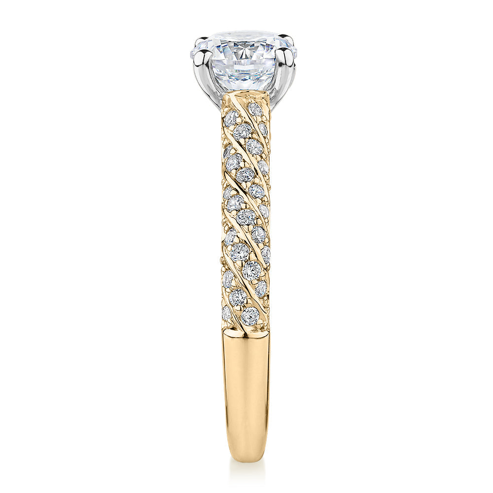 Premium Certified Lab-Grown Diamond, 1.27 carat TW round brilliant shouldered engagement ring in 14 carat yellow and white gold