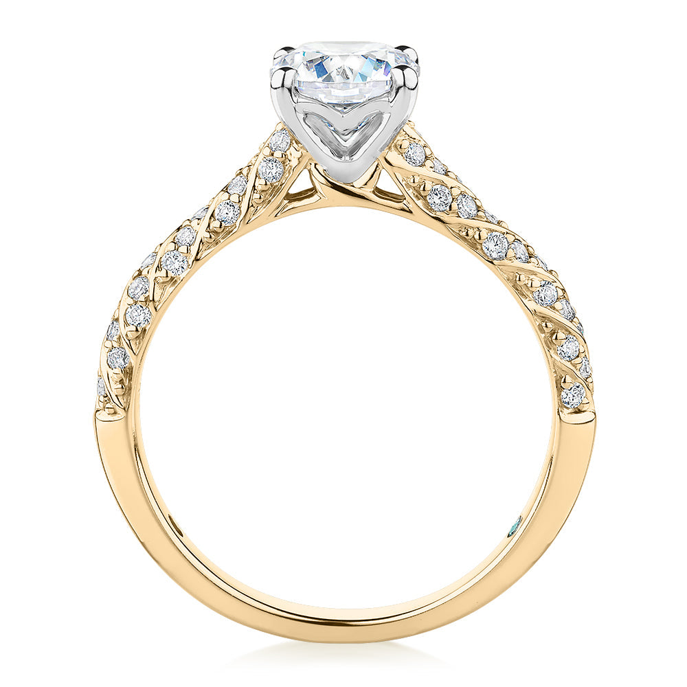 Premium Certified Lab-Grown Diamond, 1.27 carat TW round brilliant shouldered engagement ring in 14 carat yellow and white gold