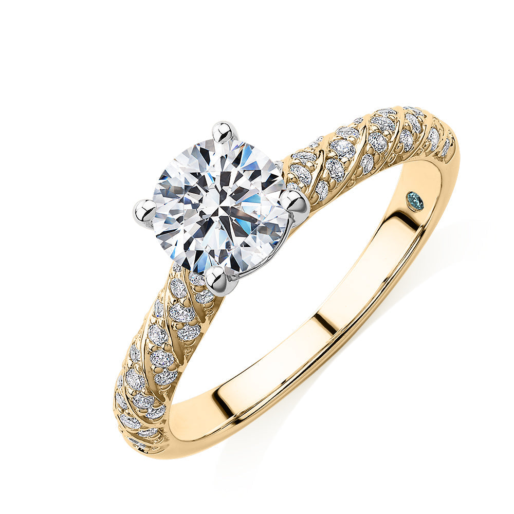 Premium Certified Lab-Grown Diamond, 1.27 carat TW round brilliant shouldered engagement ring in 14 carat yellow and white gold