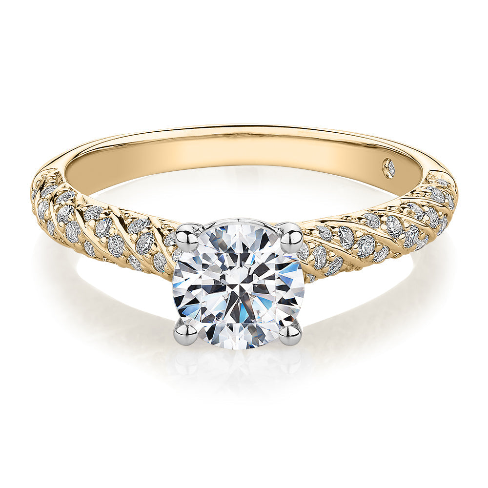 Signature Simulant Diamond 1.27 carat* TW round brilliant shouldered solitaire engagement ring in 10 carat yellow and white gold