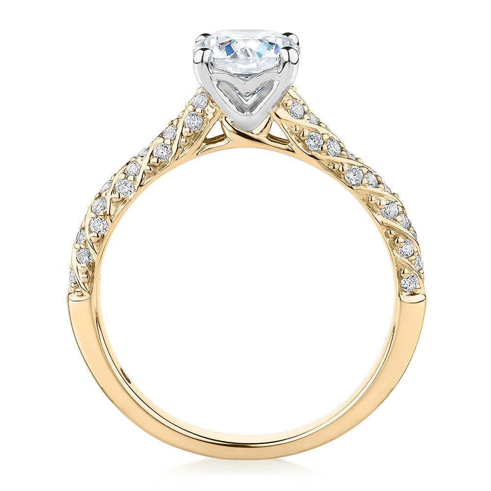 Signature Simulant Diamond 1.27 carat* TW round brilliant shouldered solitaire engagement ring in 10 carat yellow and white gold