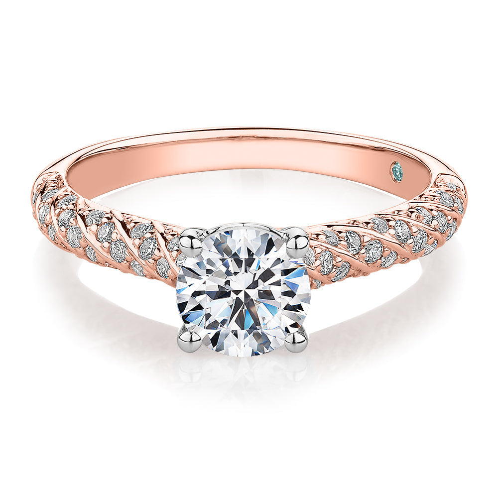 Premium Certified Lab-Grown Diamond, 1.27 carat TW round brilliant shouldered engagement ring in 14 carat rose and white gold