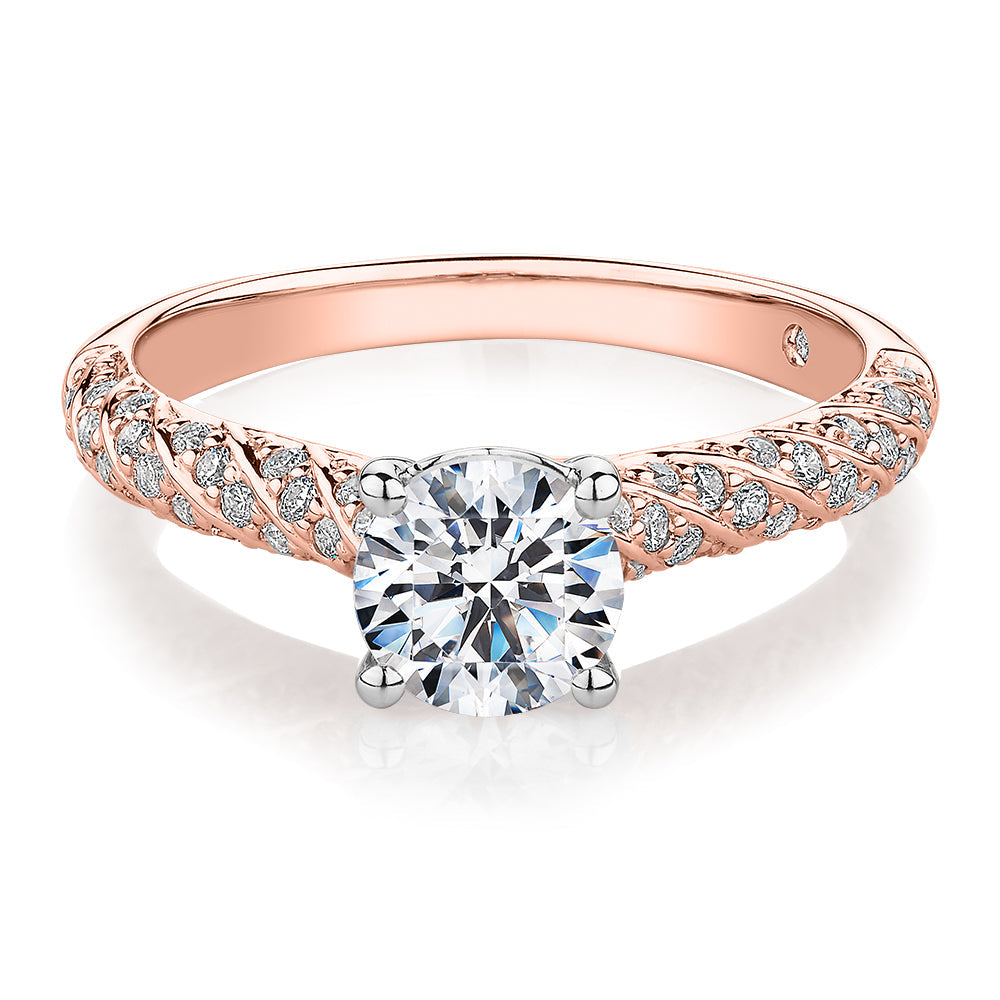 Signature Simulant Diamond 1.27 carat* TW round brilliant shouldered solitaire engagement ring in 10 carat rose and white gold