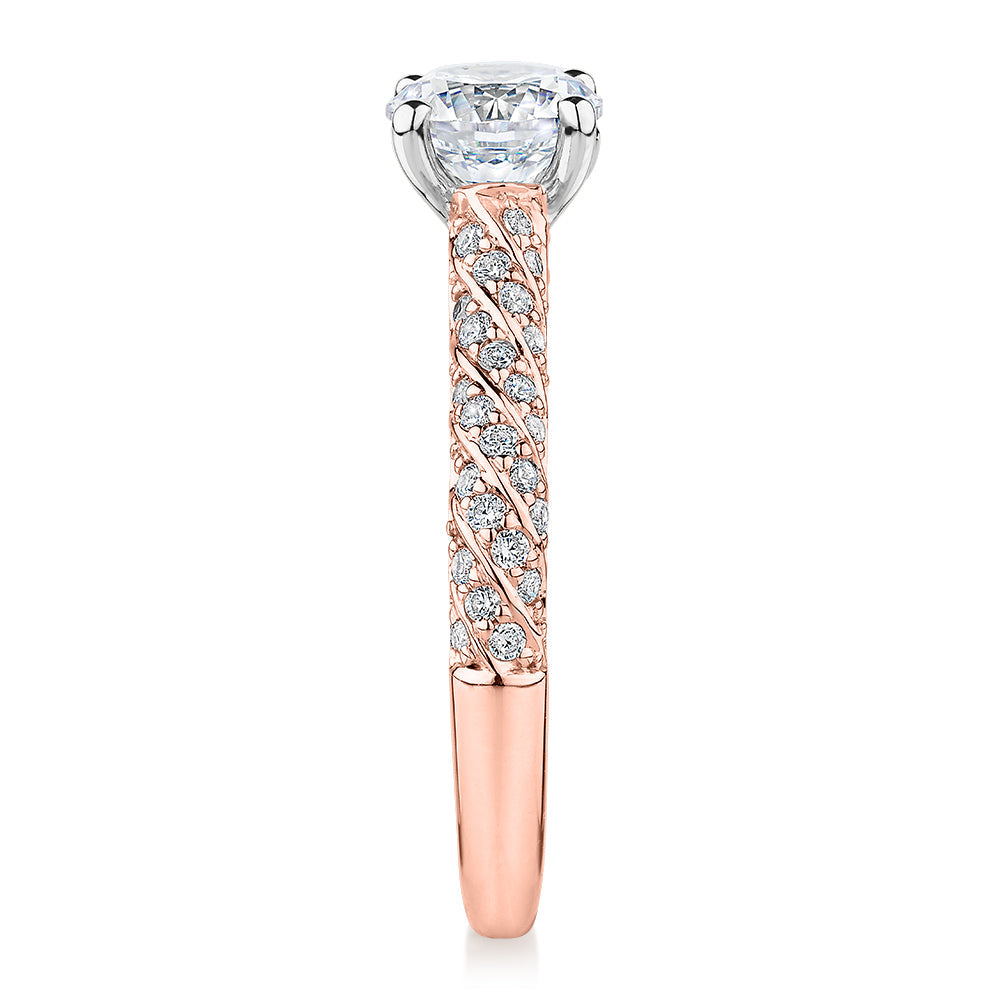 Signature Simulant Diamond 1.27 carat* TW round brilliant shouldered solitaire engagement ring in 10 carat rose and white gold
