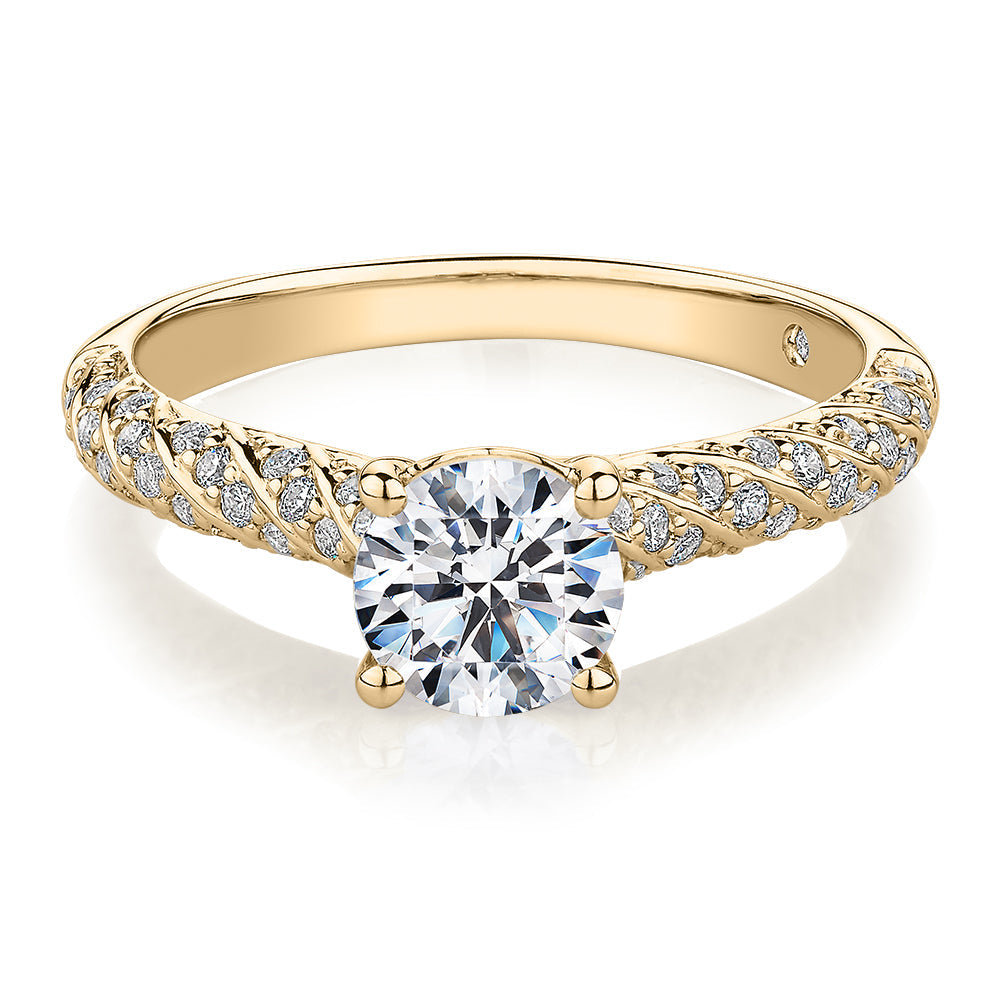 Signature Simulant Diamond 1.27 carat* TW round brilliant shouldered solitaire engagement ring in 10 carat yellow gold