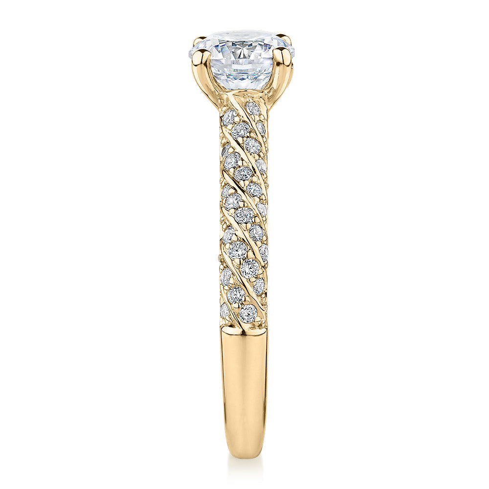 Signature Simulant Diamond 1.27 carat* TW round brilliant shouldered solitaire engagement ring in 10 carat yellow gold