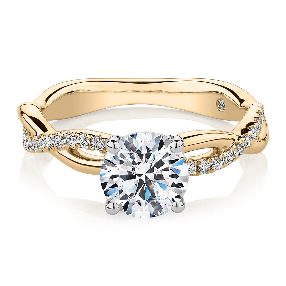 Signature Simulant Diamond 1.66 carat* TW round brilliant shouldered solitaire engagement ring in 10 carat yellow and white gold