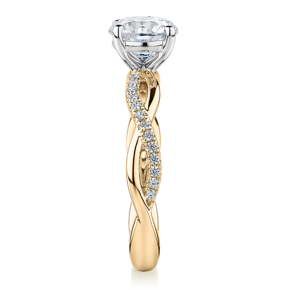 Signature Simulant Diamond 1.66 carat* TW round brilliant shouldered solitaire engagement ring in 10 carat yellow and white gold