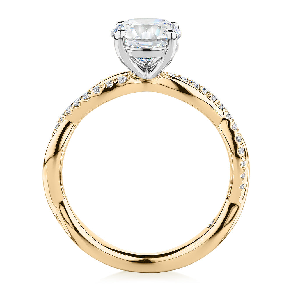 Signature Simulant Diamond 1.66 carat* TW round brilliant shouldered solitaire engagement ring in 10 carat yellow and white gold
