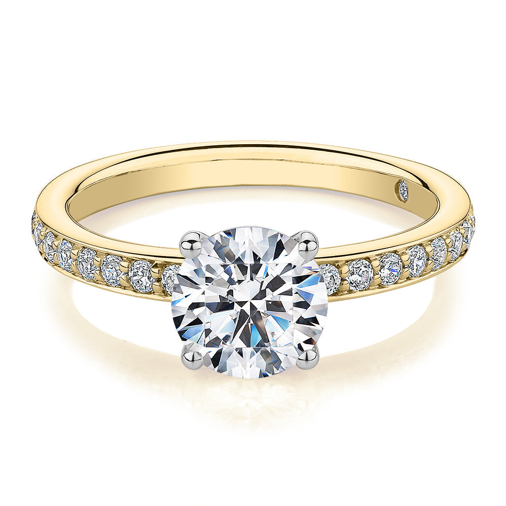 Signature Simulant Diamond 1.89 carat* TW round brilliant shouldered solitaire engagement ring in 10 carat yellow and white gold