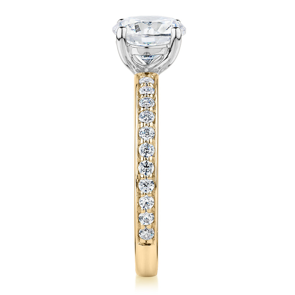 Signature Simulant Diamond 1.89 carat* TW round brilliant shouldered solitaire engagement ring in 10 carat yellow and white gold