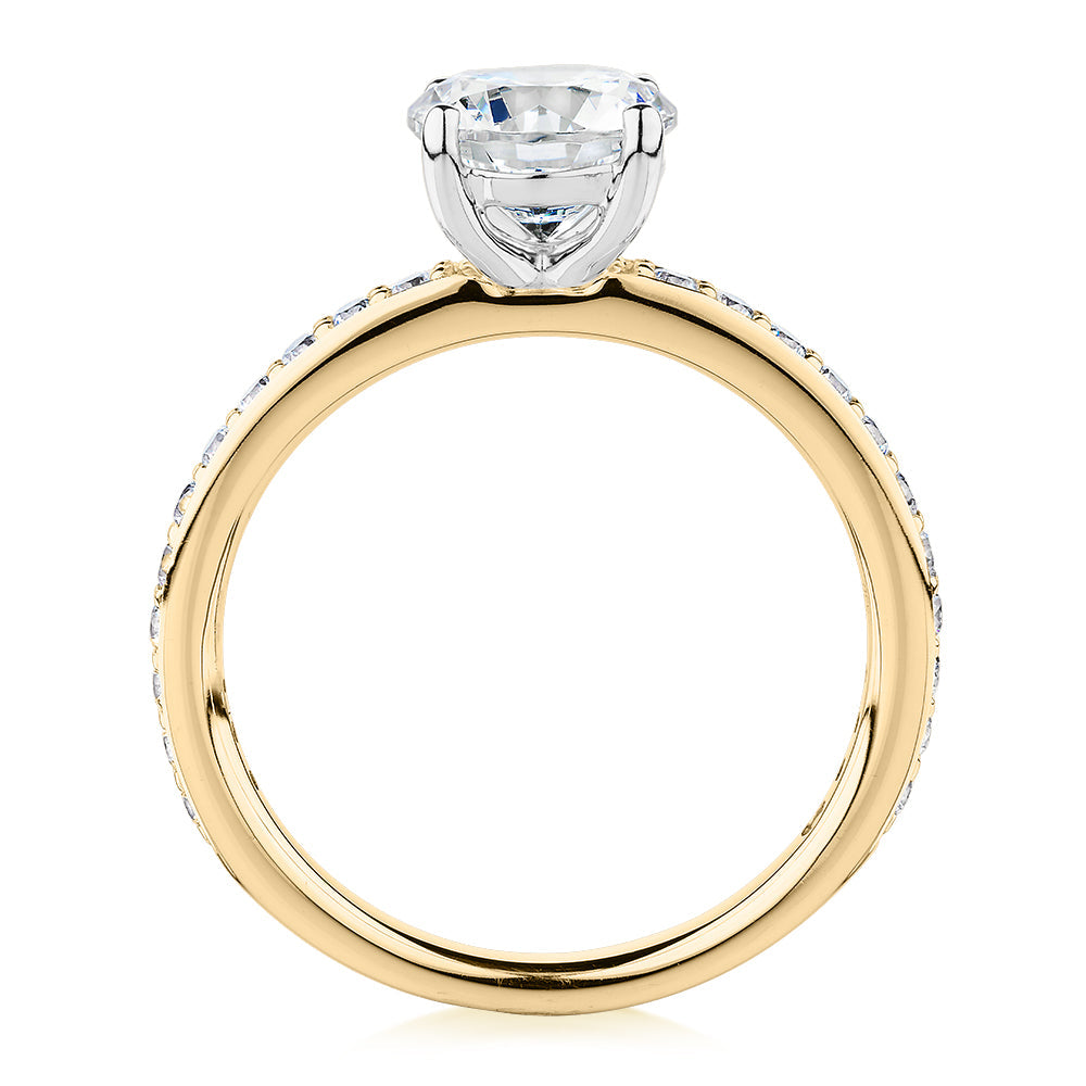 Signature Simulant Diamond 1.89 carat* TW round brilliant shouldered solitaire engagement ring in 10 carat yellow and white gold