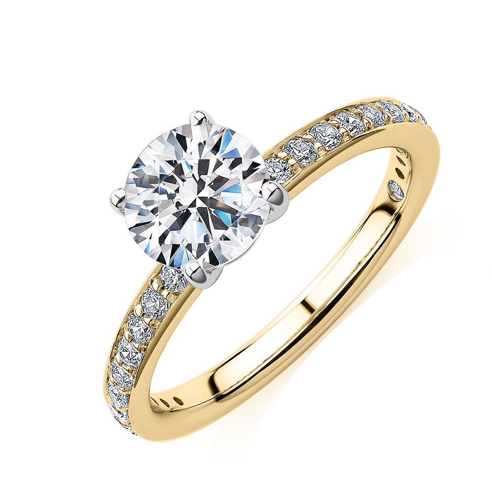 Signature Simulant Diamond 1.89 carat* TW round brilliant shouldered solitaire engagement ring in 10 carat yellow and white gold