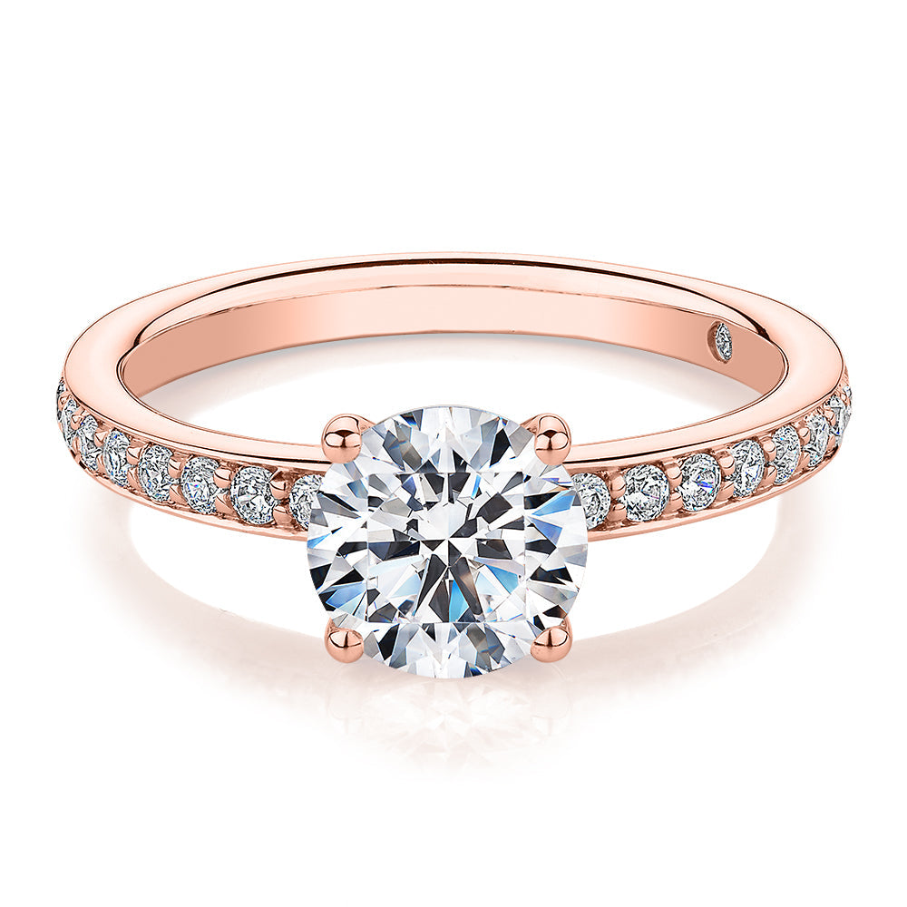 Signature Simulant Diamond 1.89 carat* TW round brilliant shouldered solitaire engagement ring in 10 carat rose gold