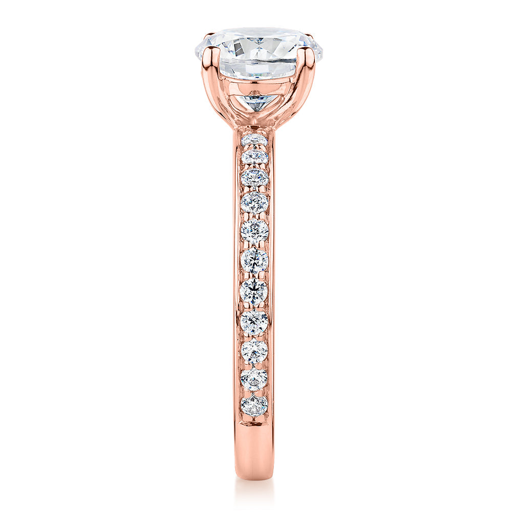 Signature Simulant Diamond 1.89 carat* TW round brilliant shouldered solitaire engagement ring in 10 carat rose gold