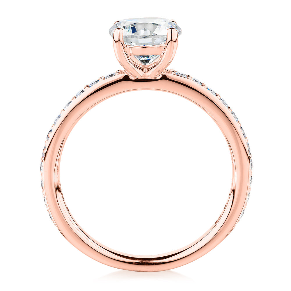Signature Simulant Diamond 1.89 carat* TW round brilliant shouldered solitaire engagement ring in 10 carat rose gold