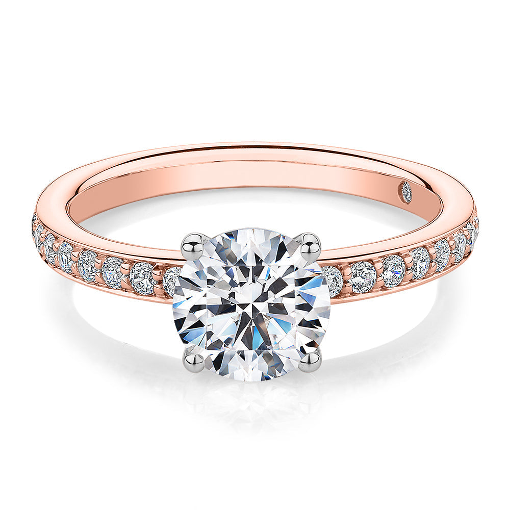 Signature Simulant Diamond 1.89 carat* TW round brilliant shouldered solitaire engagement ring in 10 carat rose and white gold