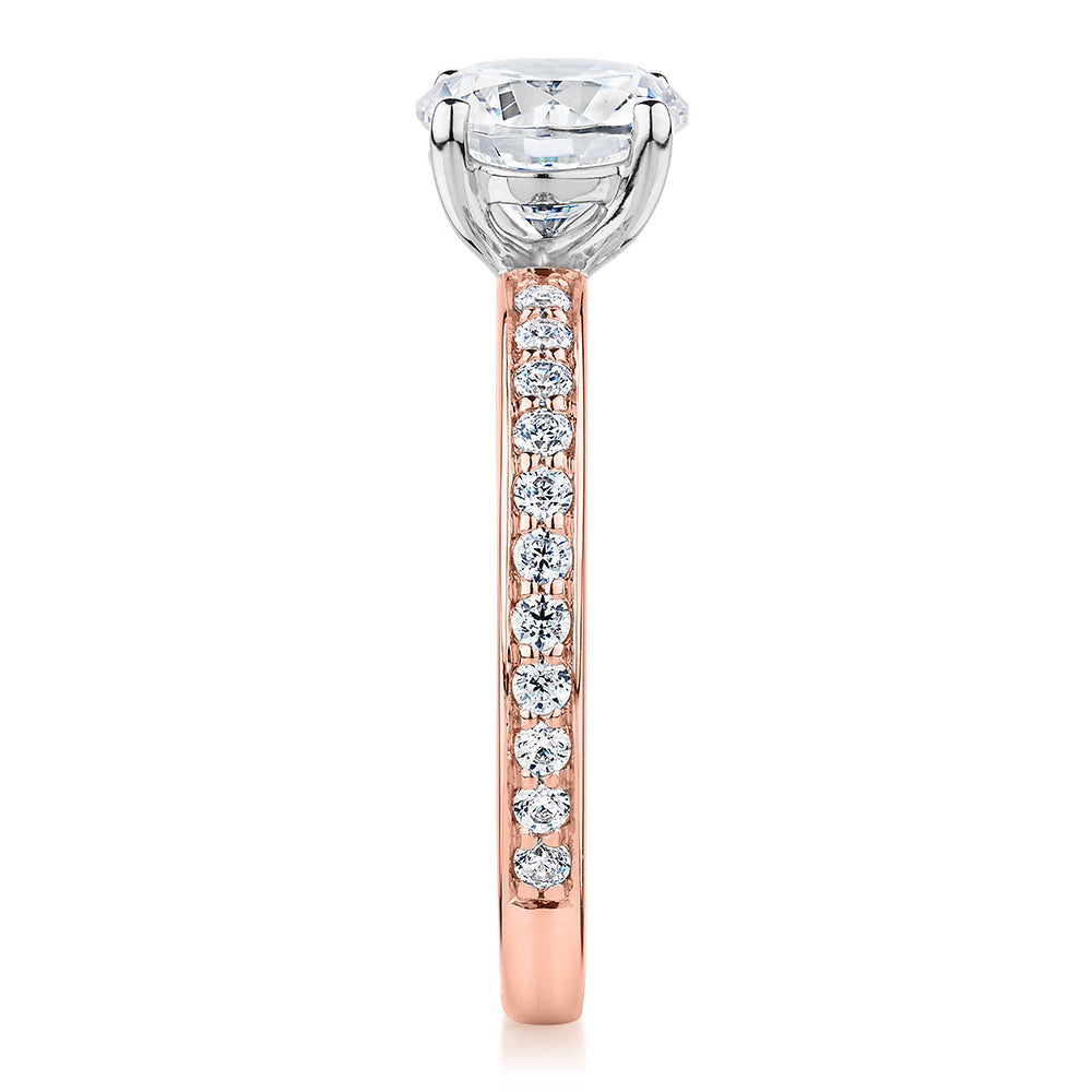 Signature Simulant Diamond 1.89 carat* TW round brilliant shouldered solitaire engagement ring in 10 carat rose and white gold