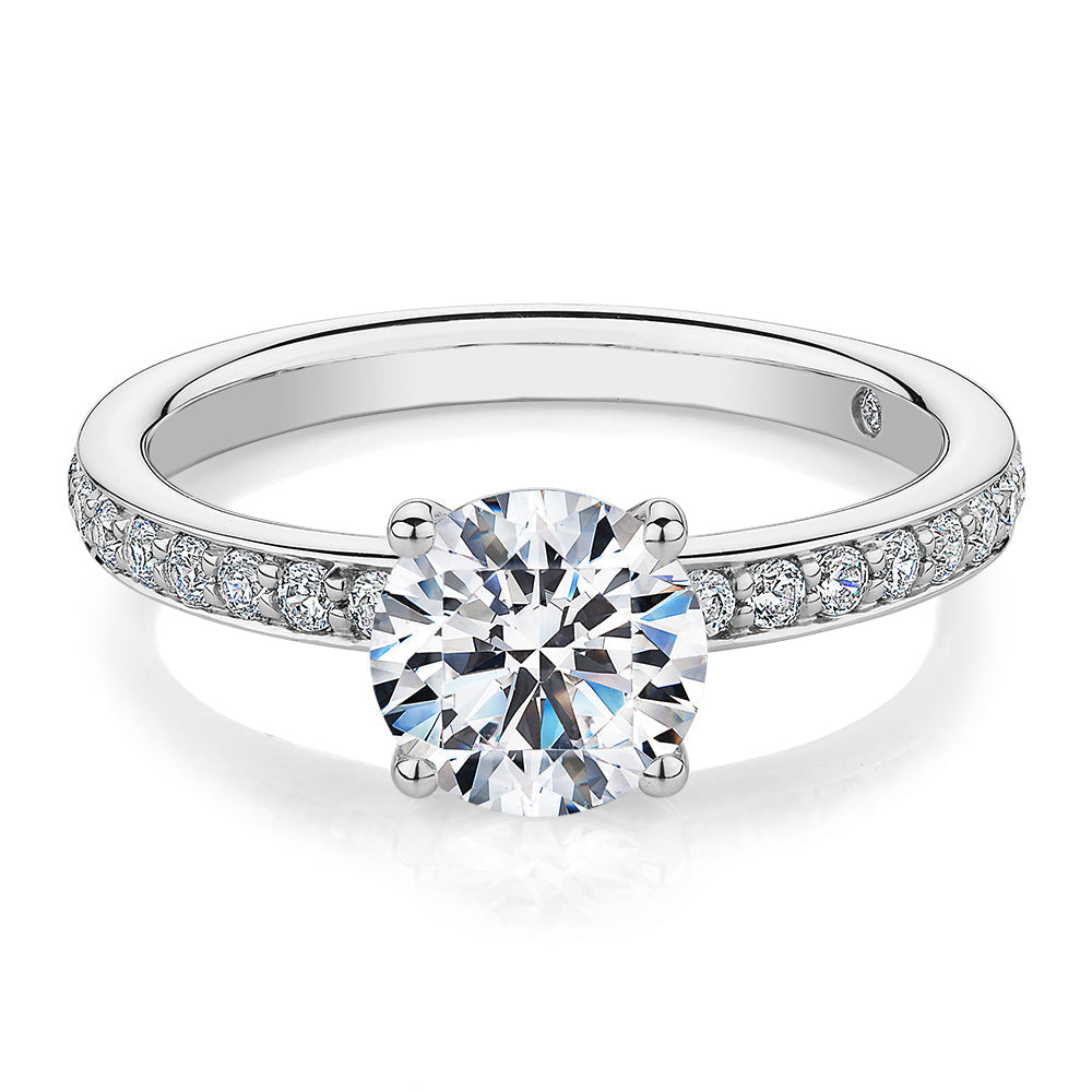 Signature Simulant Diamond 1.89 carat* TW round brilliant shouldered solitaire engagement ring in 10 carat white gold