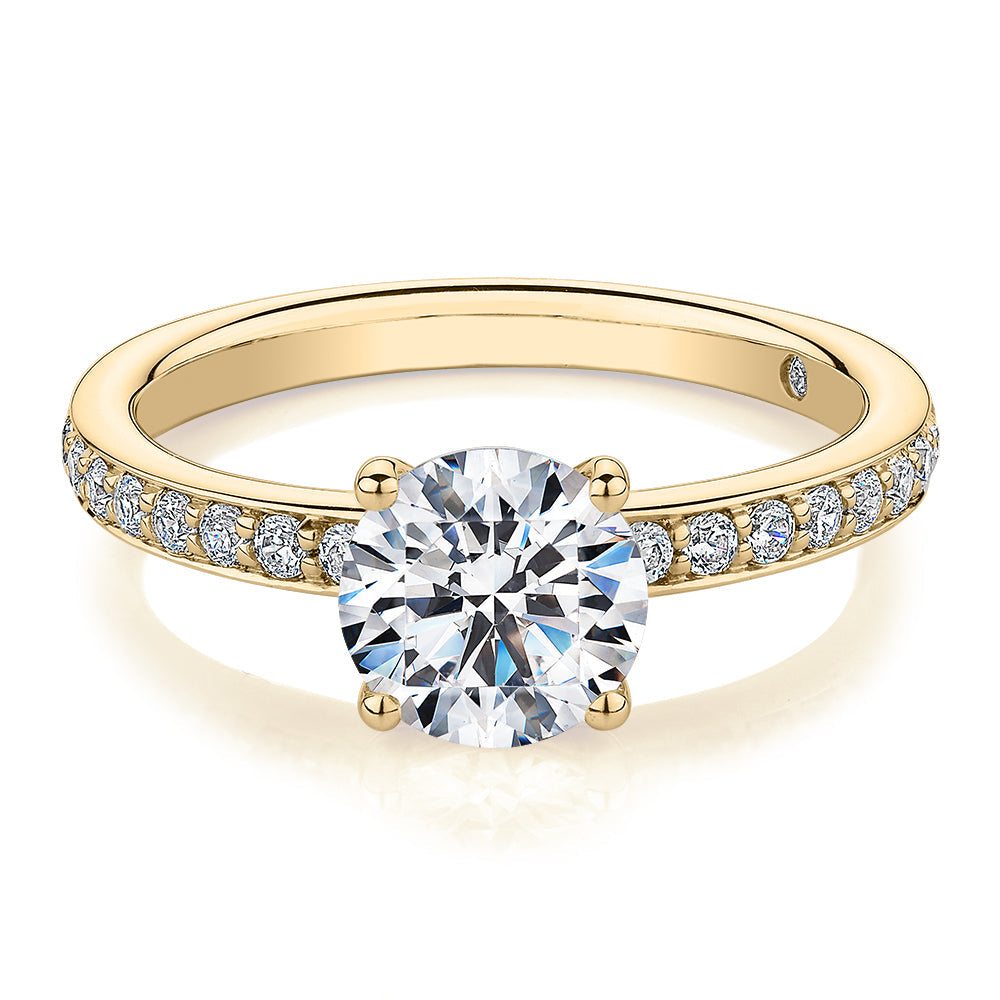 Signature Simulant Diamond 1.89 carat* TW round brilliant shouldered solitaire engagement ring in 10 carat yellow gold
