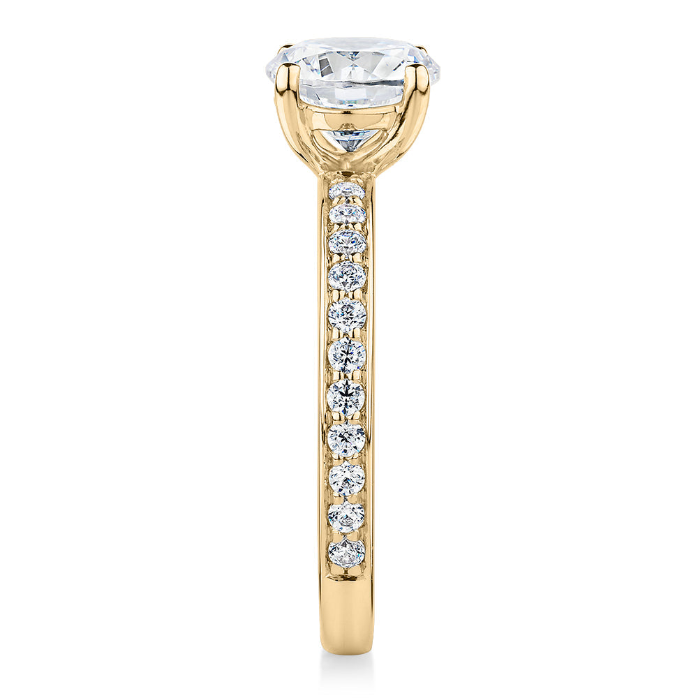 Signature Simulant Diamond 1.89 carat* TW round brilliant shouldered solitaire engagement ring in 10 carat yellow gold