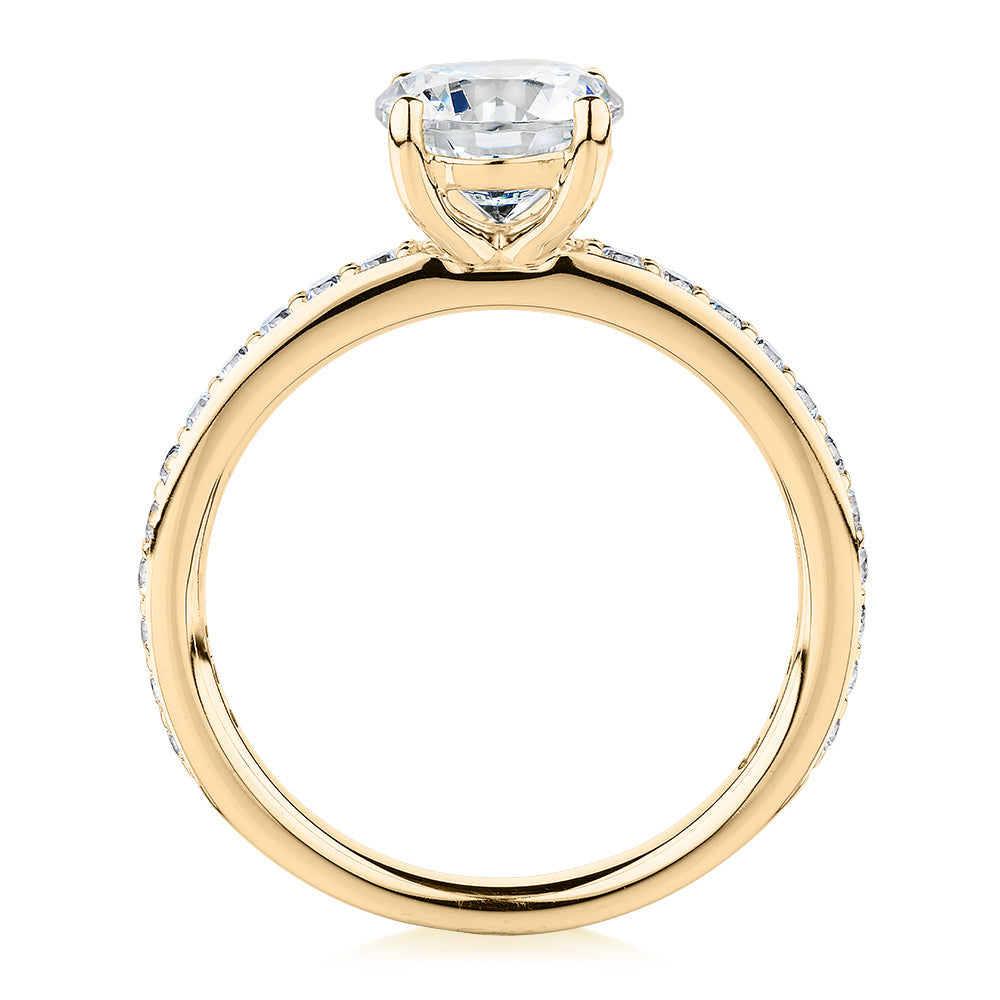 Signature Simulant Diamond 1.89 carat* TW round brilliant shouldered solitaire engagement ring in 10 carat yellow gold