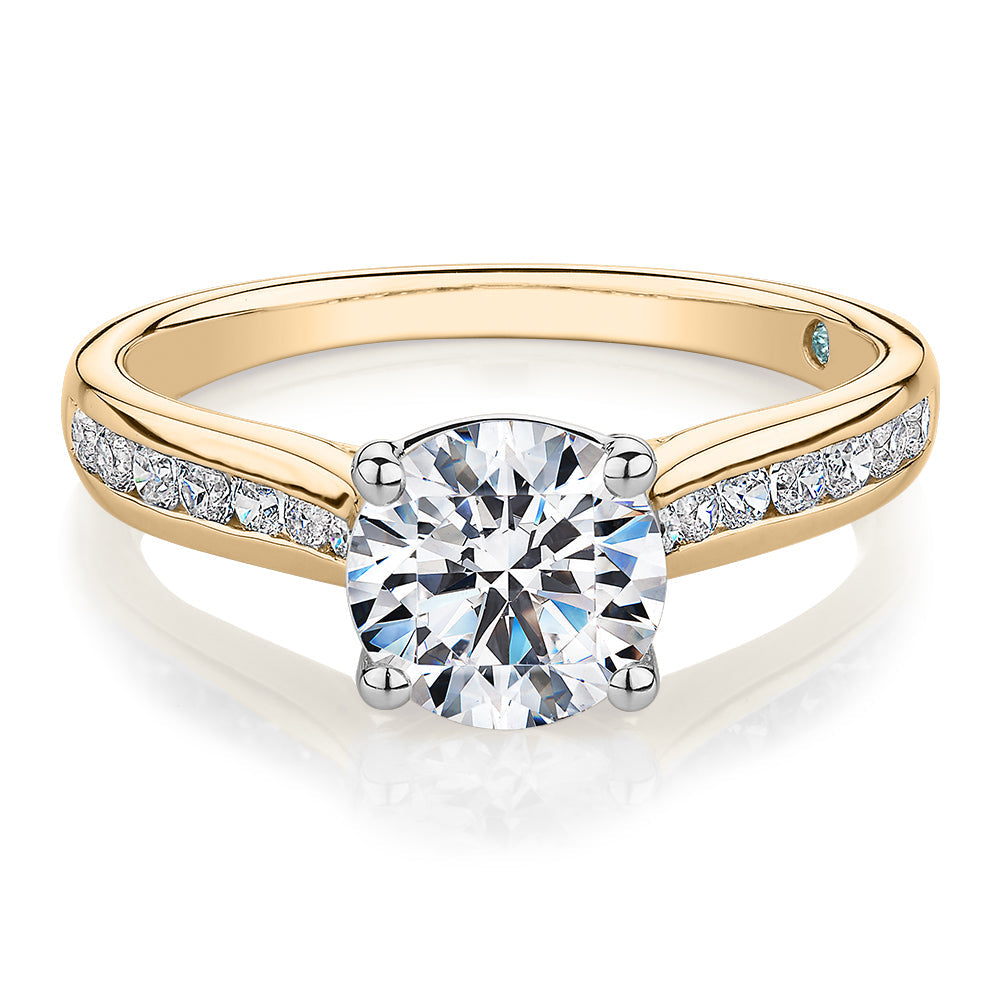 Premium Certified Lab-Grown Diamond, 1.88 carat TW round brilliant shouldered engagement ring in 14 carat yellow and white gold