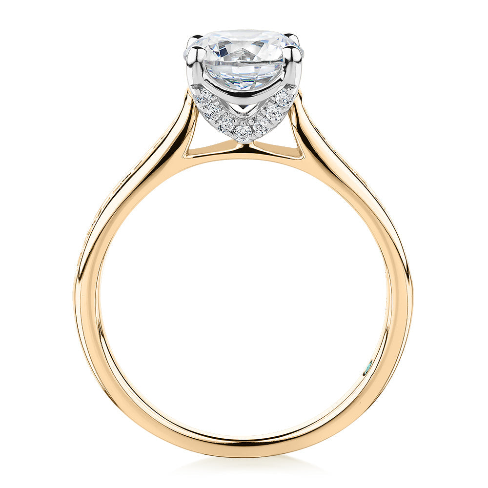 Premium Certified Lab-Grown Diamond, 1.88 carat TW round brilliant shouldered engagement ring in 14 carat yellow and white gold